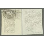 * Percy Kelly, pencil and pen illustrated letter, cottage in woodland St.