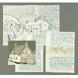 * Percy Kelly, pen and ink illustrated letter, 25th January 1992, cottages and hills,