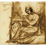 * George Romney (1734-1802), study for a portrait of a seated lady, pen and ink.  8.8 cm x 9.2 cm,