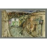 * Percy Kelly, watercolour illustrated letter, town centre scene, "The North" Fishguard,