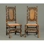 A pair of Carolean style oak hall chairs, circa 1900, with Bergere panelled backs,