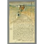 * Percy Kelly, watercolour illustrated letter, wall, road and cottages in landscape, St.