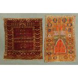 * Two Afghan rugs, mounted as wall hangings.  Widest 120 cm x 132 cm excluding fringe (see