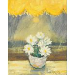 June Bennett (1935-2013), oil on board, "Yellow Blind, White Flowers".  36.3 cm x 29.