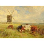 Charles Collins RBA, Victorian oil painting, cattle in pasture with windmill.