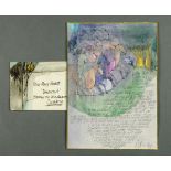 * Percy Kelly, watercolour illustrated letter, four horsemen, Pear Tree Cottage, Magpie Lane,