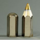 * A ceramic silver lustre pencil form sculpture, hexagonal, gold point, inscribed "IHIIDV870, and