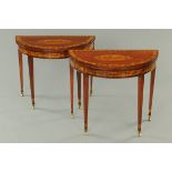 A pair of Killarney style demi-lune card tables,