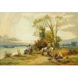 William Manners, watercolour, figures and dog in landscape by river.  17 cm x 24 cm.