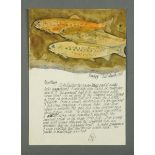 * Percy Kelly, watercolour illustrated letter, trout, Pear Tree Cottage, Magpie Lane, Rockland, St.