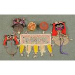 * Three Chinese silk dragon hats, and a felt hat, Turkish hat and wall hanging (6).