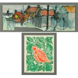 * Percy Kelly, watercolour illustrated letter, village scene, 14 cm x 40 cm, partially cut,
