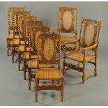 A set of eight oak dining chairs, comprising two carver arm and six single chairs, each with Bergere