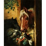 Style of John Frederick Herring, oil painting on canvas, horses and goat feeding.  74 cm x 61 cm,