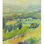 * Sarah Bryant (20th/21st century), oil on canvas, view over hills and forest.  20 cm x 18 cm,
