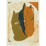 * Raymond Higgs, reduction wood engraving, mask 4/50.  15 cm x 8.5 cm, signed and dated 1990 verso.
