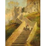 Henry Wood, oil painting on canvas, mother and child on steps beneath castle.  22 cm x 16.5 cm.