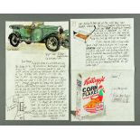 * Percy Kelly, watercolour illustrated letter, 1924 Vauxhall and Kellogg's Cornflakes.