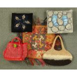 * Five felt and embroidered items, two bags, two cushions and cushion cover.