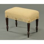 A mahogany framed stool, with rectangular stuffover top raised on four turned tapered reeded legs.