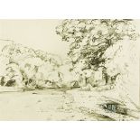 * A pencil study, river and woodland landscape.  37 cm x 49 cm.