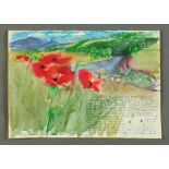 * Percy Kelly, watercolour illustrated letter, poppies above riverbank, possibly Isel.