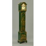 A Chinoiserie lacquered Grandmother clock, green and gilt and with weight driven movement striking