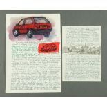 * Percy Kelly, watercolour illustrated letter, "Rover Metro", 29.5 cm x 20.