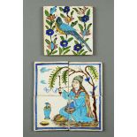 * Five Eastern tiles, one decorated with a bird, width 14.7 cm, and four forming one image, 20.