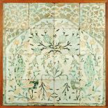 * A group of sixteen square tiles, Turkish/Persian, forming a mirhab, with pair of peacocks