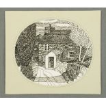 * Percy Kelly, a greetings card, oval, cottage, Westmorland.  13 cm x 11 cm, printed.