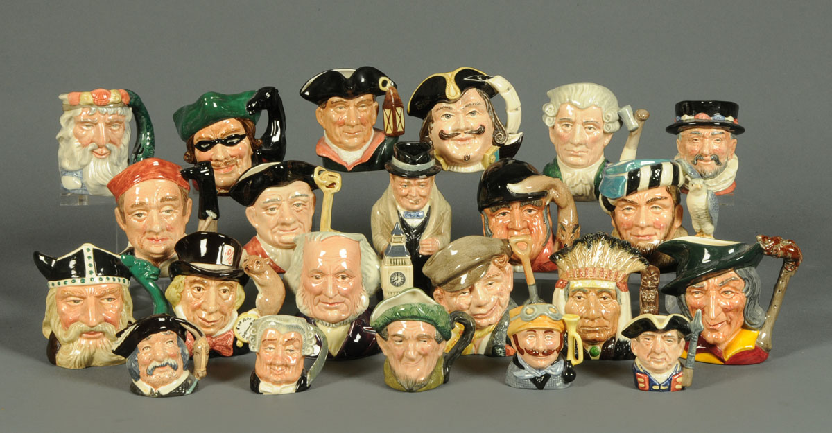 A collection of Royal Doulton character jugs, including Winston Churchill, John Doulton, etc.