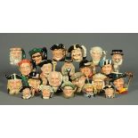 A collection of Royal Doulton character jugs, including Winston Churchill, John Doulton, etc.