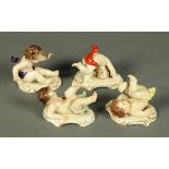 Four German porcelain cherub figurines, with sceptre over K blue mark to base.  Tallest 9 cm.