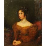 * English School (mid 19th century), oil on board, portrait of a woman seated half length and