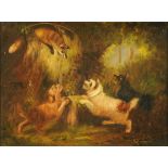 George Armfield (1808-1893), oil painting on canvas, "Trapped, A Fox and Three Terriers".  29 cm x