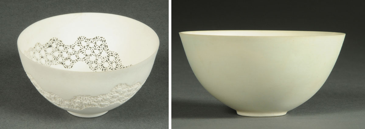 * A plain white porcelain tea bowl, unmarked, diameter 9 cm, and a reticulated bowl,