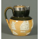 A Royal Doulton hunting jug, relief moulded, with green upper body and silver rim, London 1907.