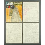 * Percy Kelly, watercolour illustrated letter, dwelling by roadside in landscape, St.