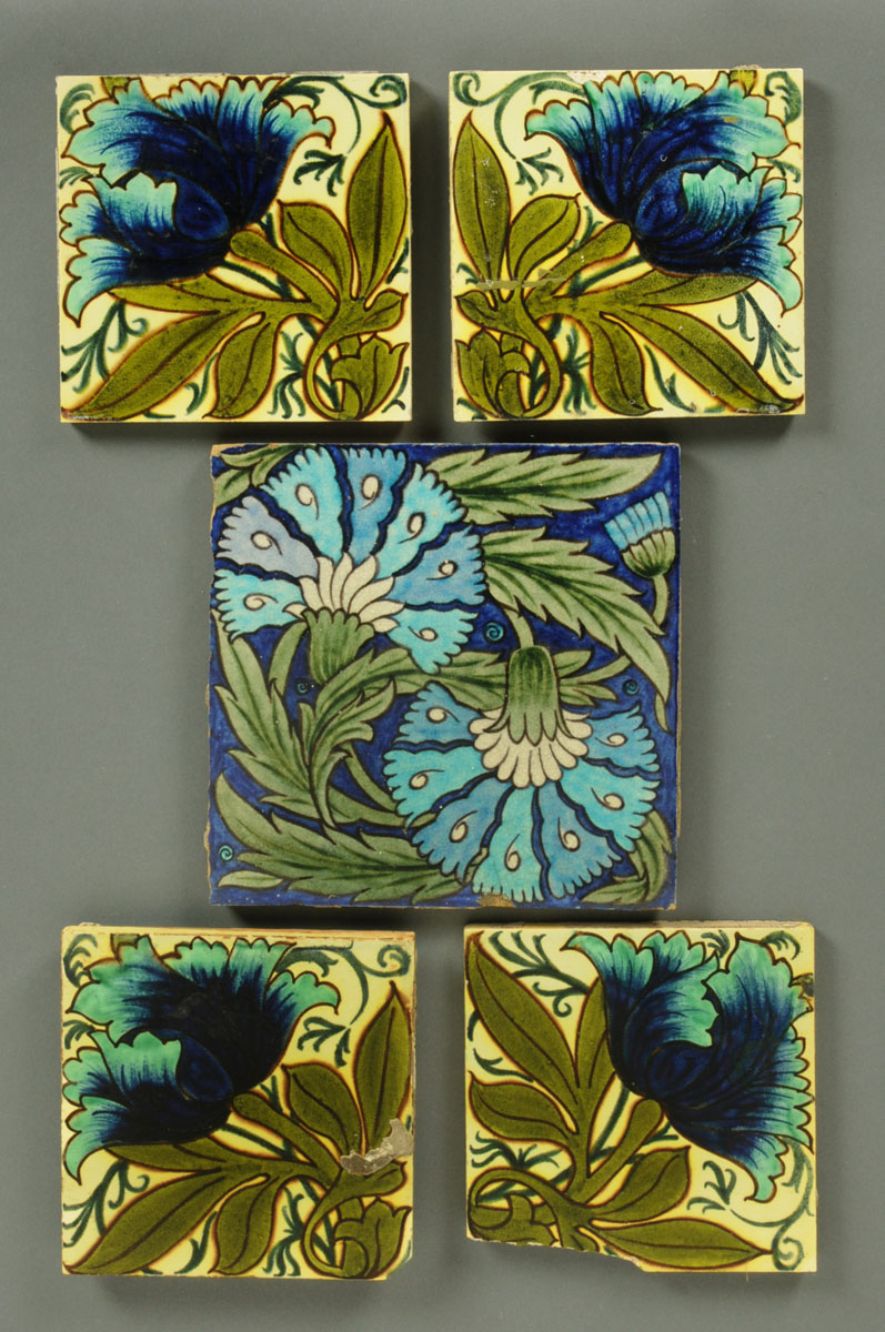 * William De Morgan, "Carnation" tiles, in the Isnik style, oval impressed mark, 20.3 cm square, and