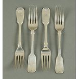 Four silver dessert forks, two Exeter 1838 maker JW over JW, and two London 1830, 173 grams.