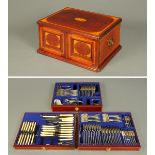 An Edwardian inlaid mahogany canteen of cutlery, Rogers, Sheffield, twelve place settings.