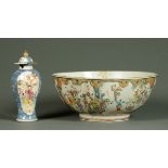 * An 18th century Chinese export polychrome punch bowl, enamelled, riveted, diameter 34.