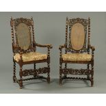 A pair of Carolean style oak Bergere armchairs, late 19th century,