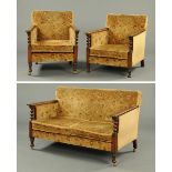 An oak framed three piece lounge suite, circa 1930,