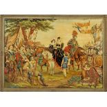 A 19th century woolwork tapestry, soldiers and figures in landscape.  134 cm x 190 cm.  CONDITION