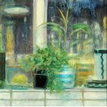 * R. Payne (20th/21st century), oil on canvas, still life study of plants and vases on windowsill.