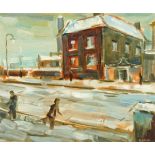 * William G. Bell, acrylic on board, "Figures in a Snowy Street".  58 cm x 33.