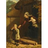 J. Aitken, oil painting on canvas, "Going to School".  29 cm x 21 cm, framed, signed and dated 1858.