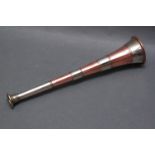 Swaine & Adeney London copper and silver plate banded hunting horn.  Length 24 cm, bell end 5 cm.